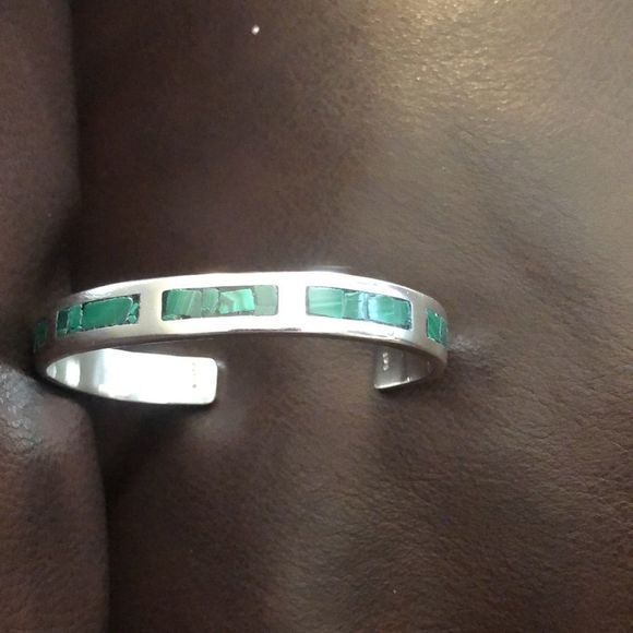 TAXCO Sterling Silver & Malachite Cuff Bangle Bracelet - Picture 8 of 10